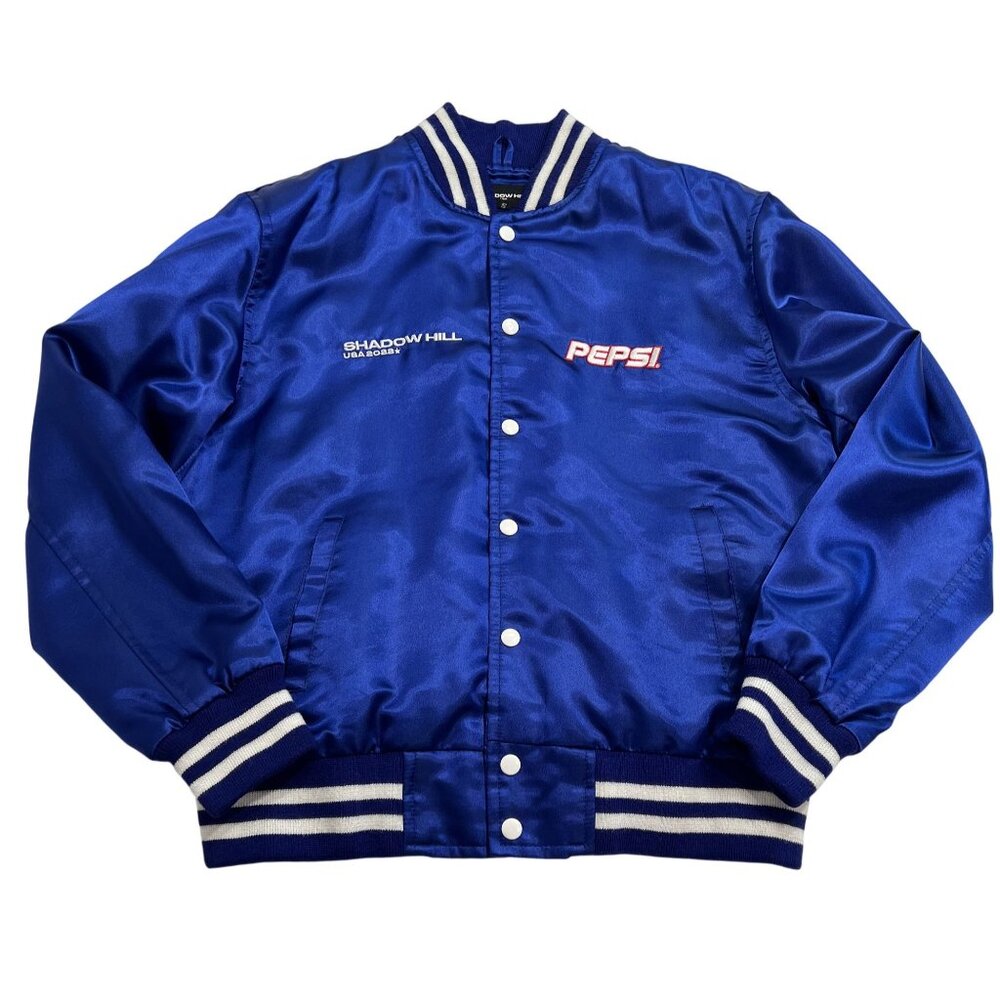 Shadow Hill Pepsi Satin Varsity Jacket in Blue